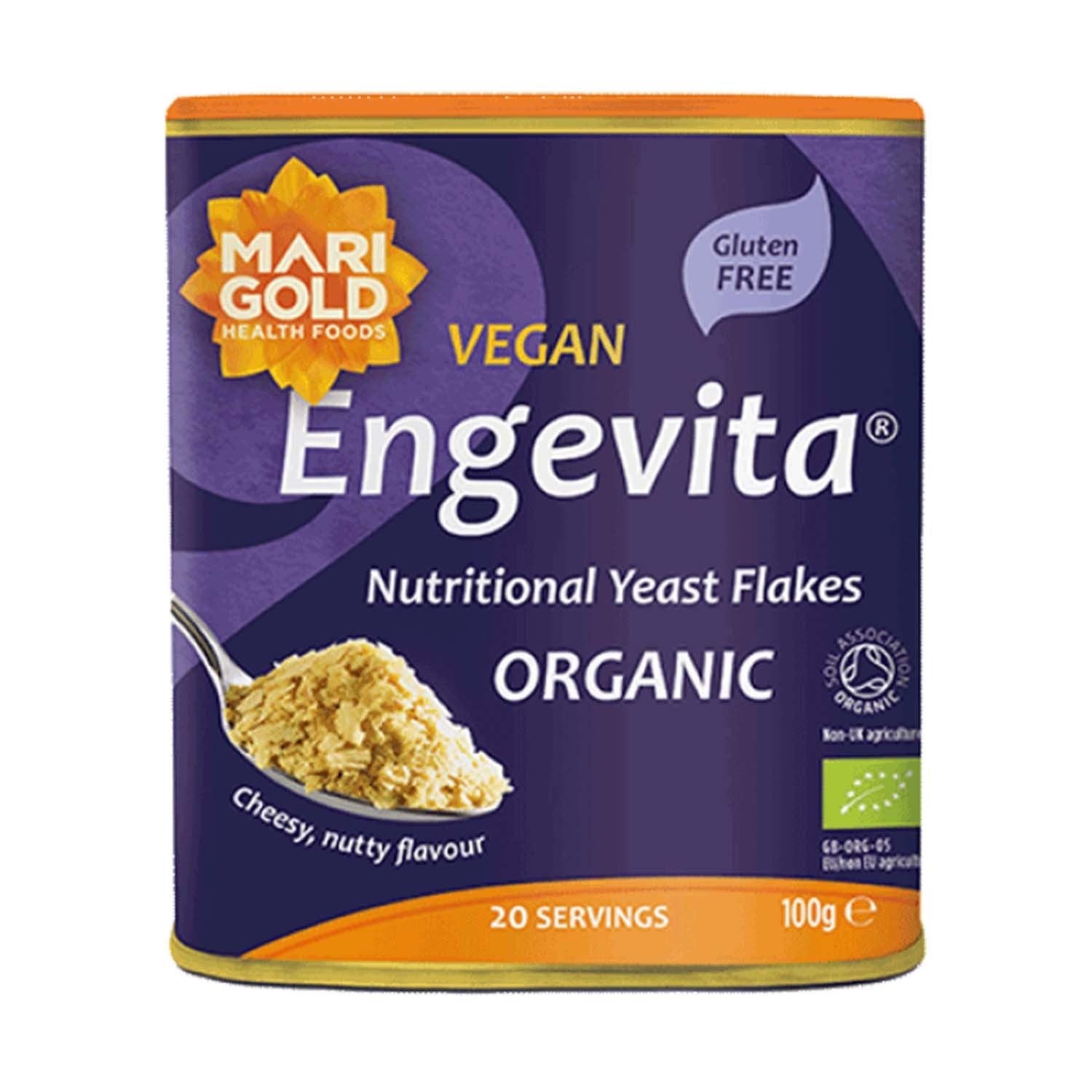 Close-up of Engevita Vegan Organic Nutritional Yeast Flakes on a white background 