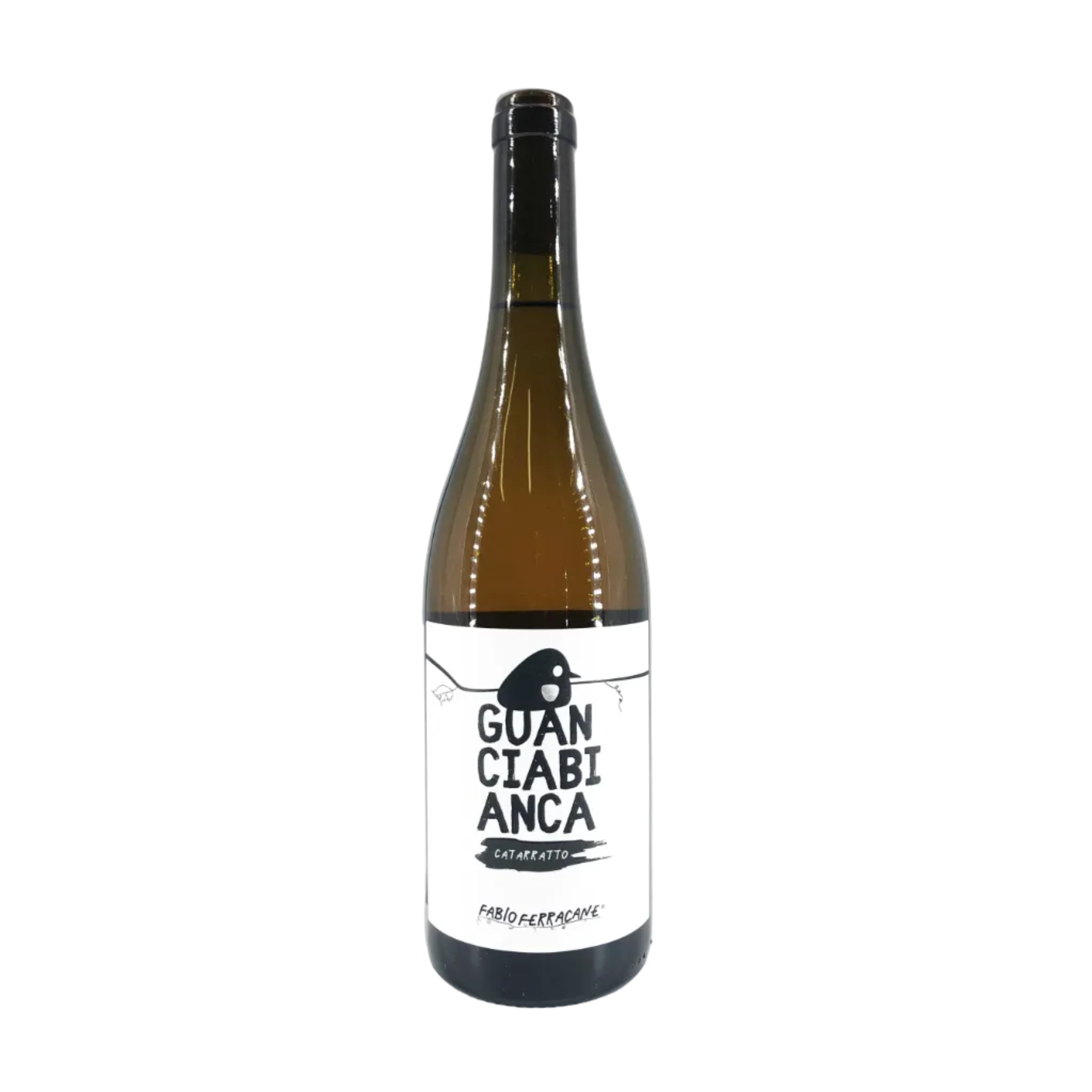 A single bottle of guanciabianca non-alcoholic wine by Pardarencase, featuring a white label with black text and a black silhouette of a fish, set against a plain white background.