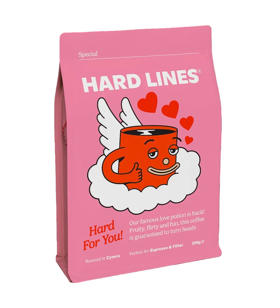 Pink bag of Hard Lines Valentines coffee on a white background 