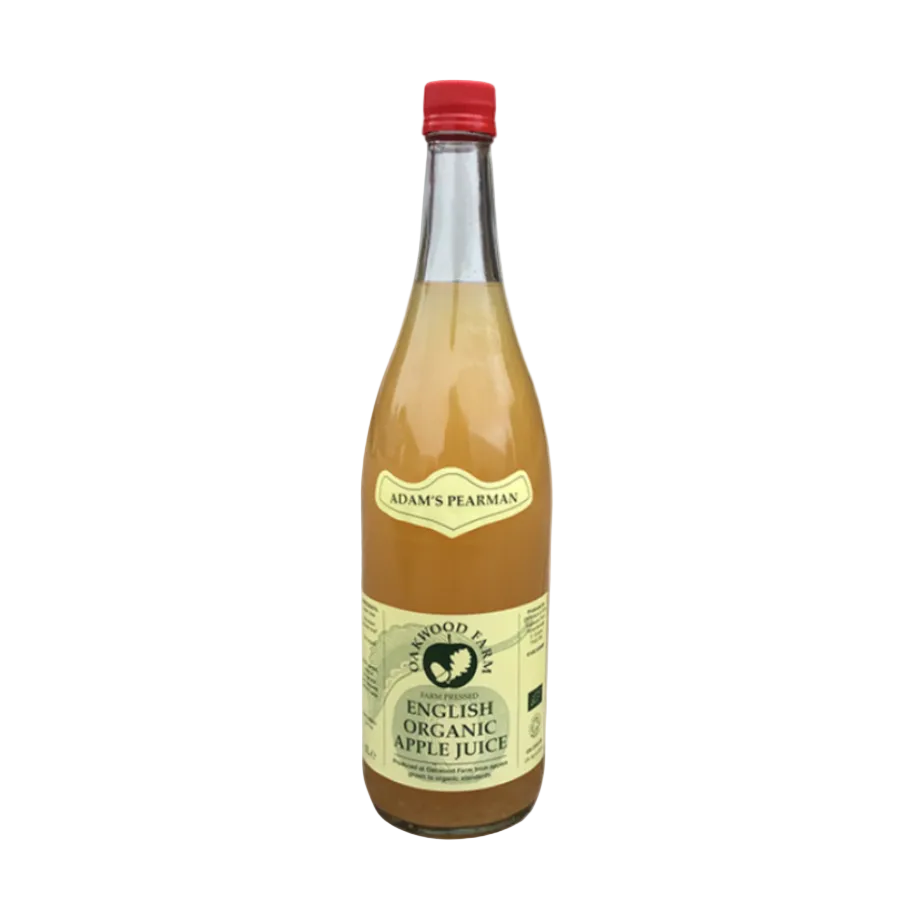 A glass bottle of Wood 1 Organic Apple Juice with a red cap and cream-colored labels, shown on a plain white background.