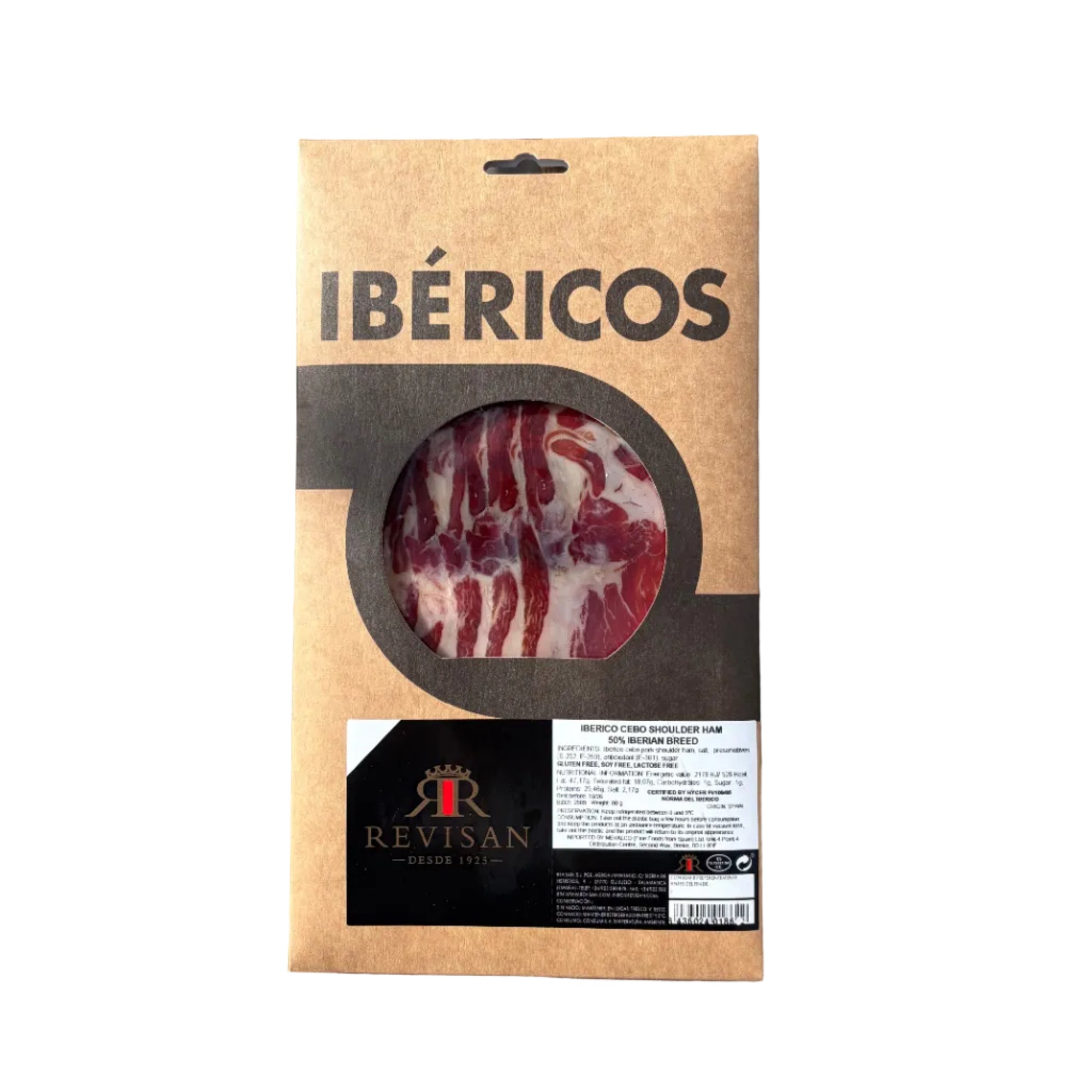 Packaged meat with 'Ibericos' label on a white background 