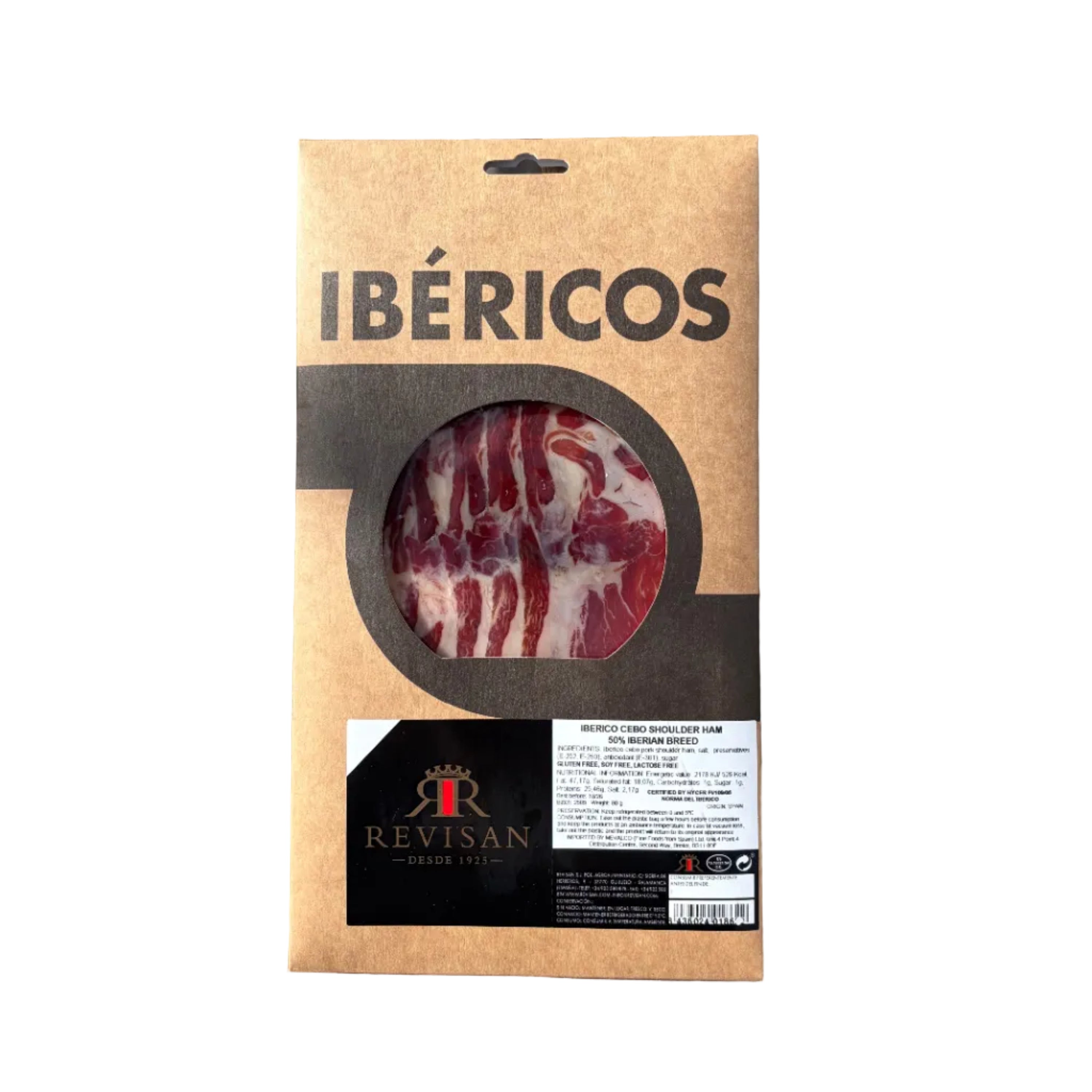 Packaged meat with 'Ibericos' label on a white background 