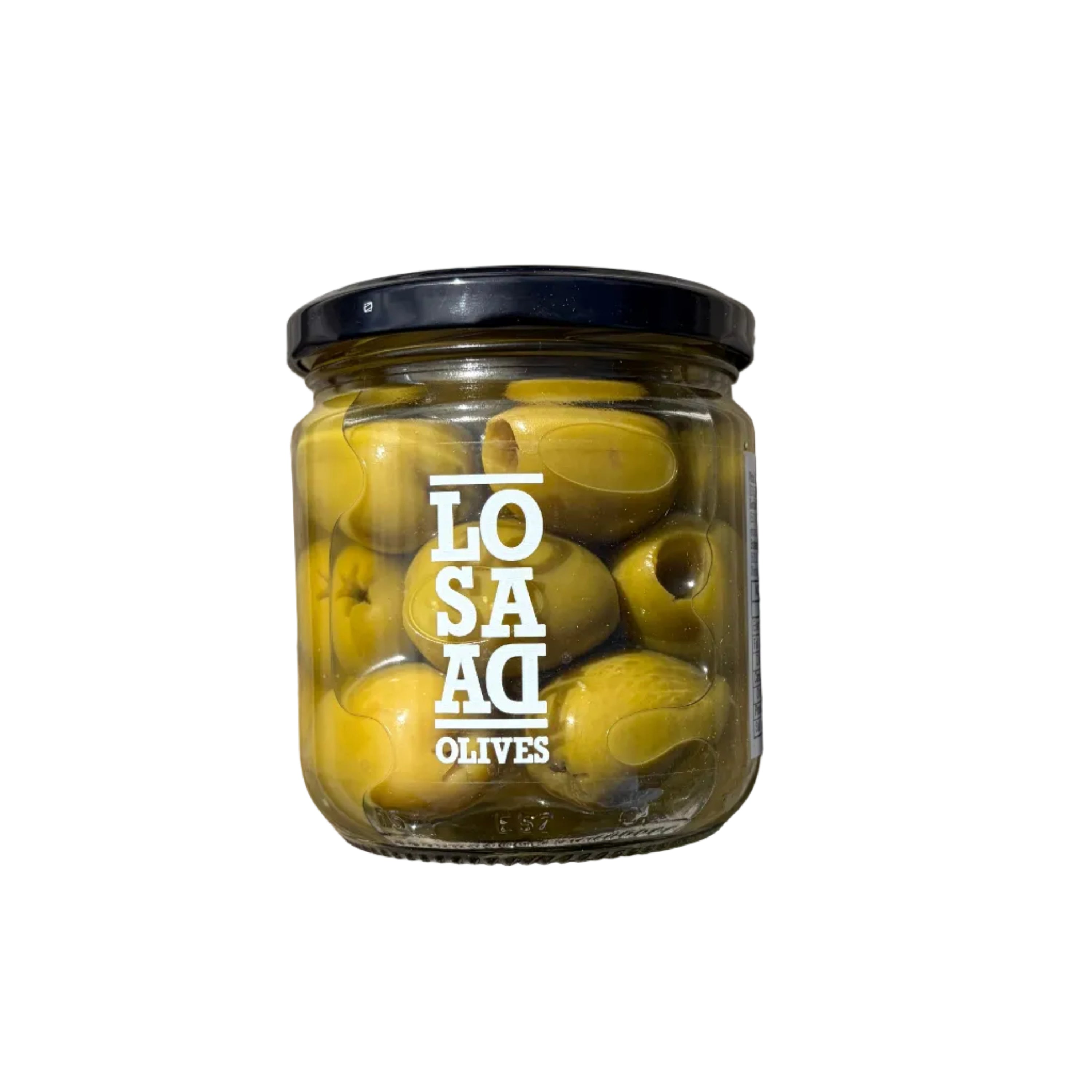 Jar of Losada olives on a white backgrond