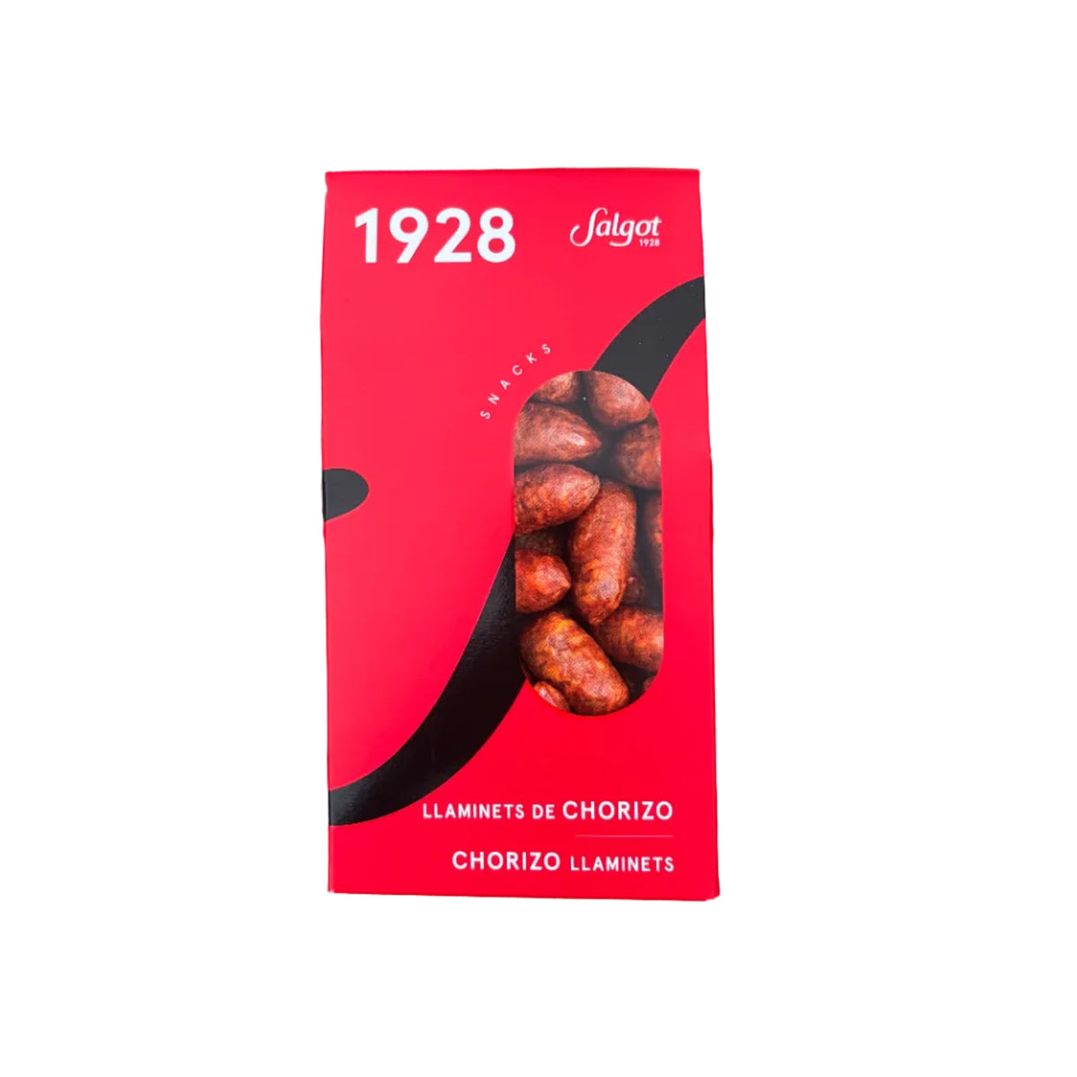 A red package of Juliot 1928 Chorizo Laminets de Chorizo, featuring a clear window showing the browned sausage slices inside, set against a white background.