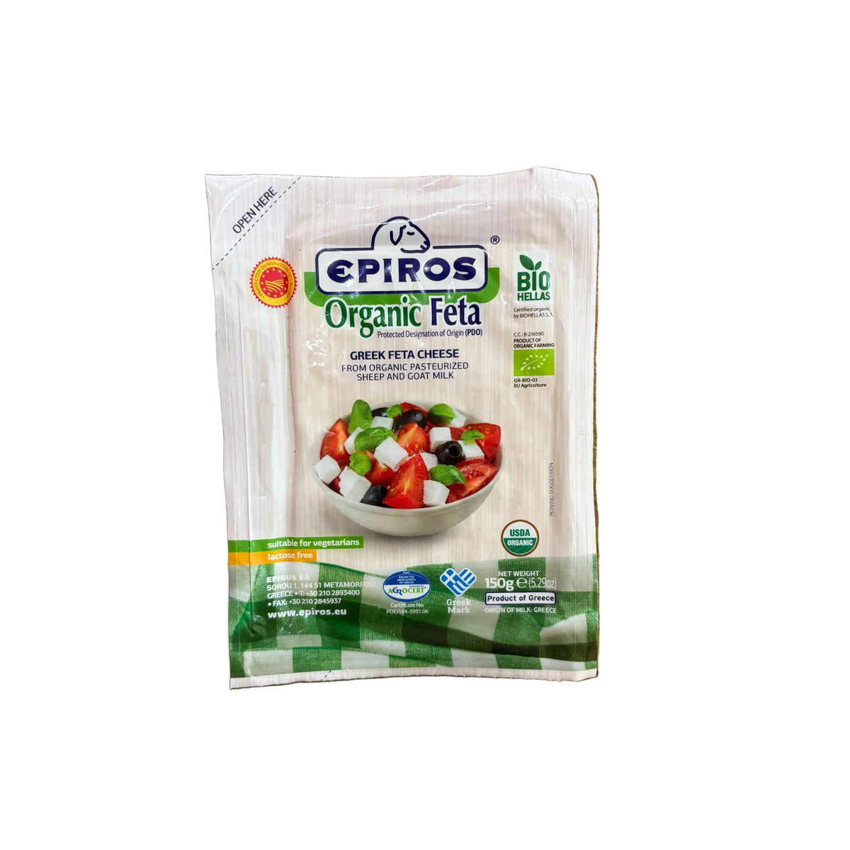 A package of Epiros Organic Feta Greek feta cheese. The packaging is white with green and blue branding, and features an image of a fresh feta salad.