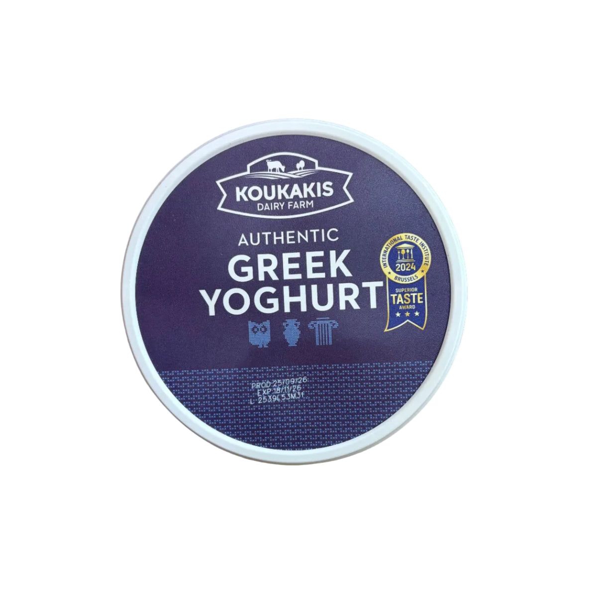A round tub of Koukakis Greek Yogurt placed on a white background, viewed from above. The lid label is dark purple with white text reading 'KOUKAKIS GREEK YOGHURT' and a gold seal near the top.