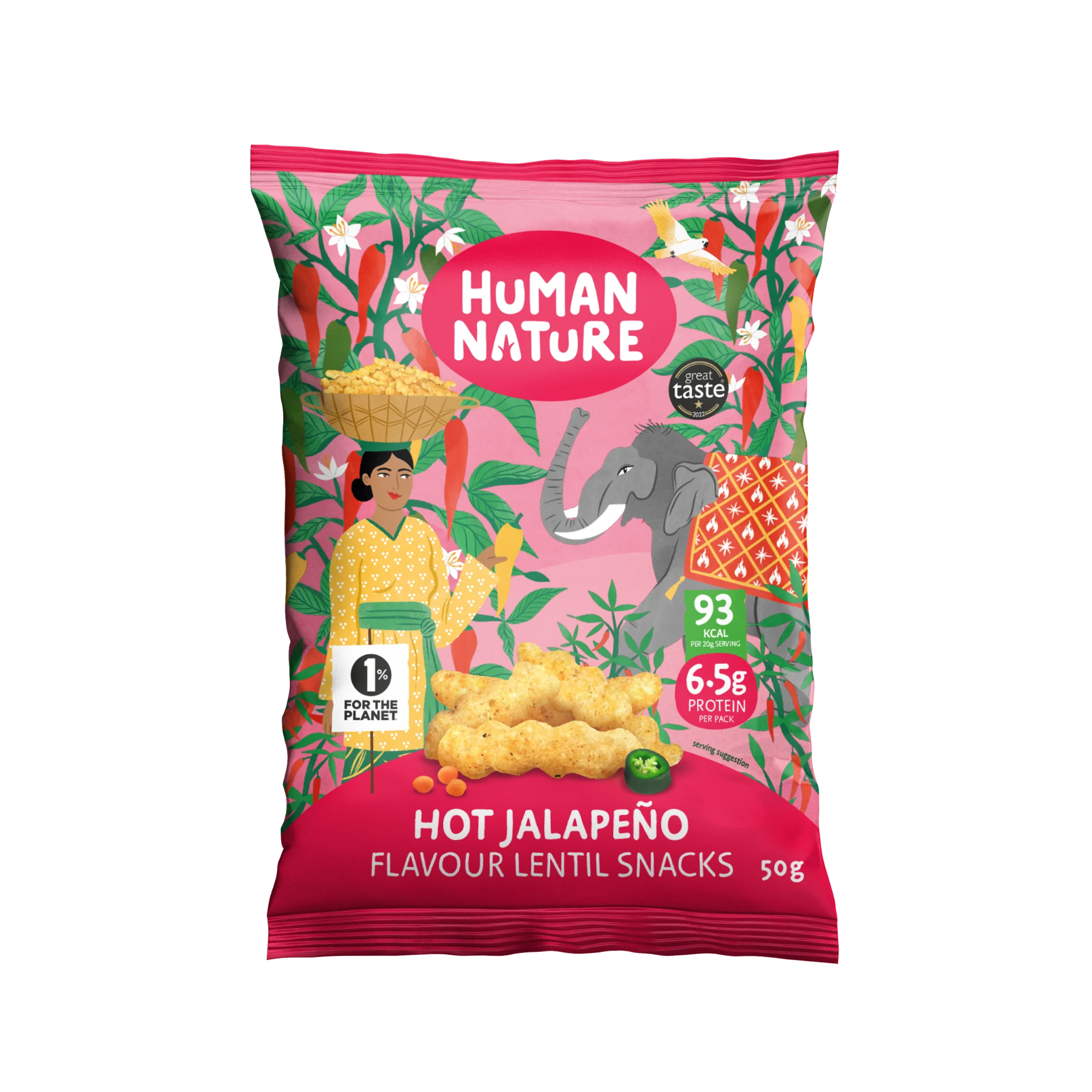 A 50g bag of Human Nature Hot Jalapeño Flavour Lentil Snacks. The packaging features a vibrant pink background decorated with illustrations of red jalapeños, a gray elephant, a woman carrying a basket of lentils, and a jar of lentil soup.