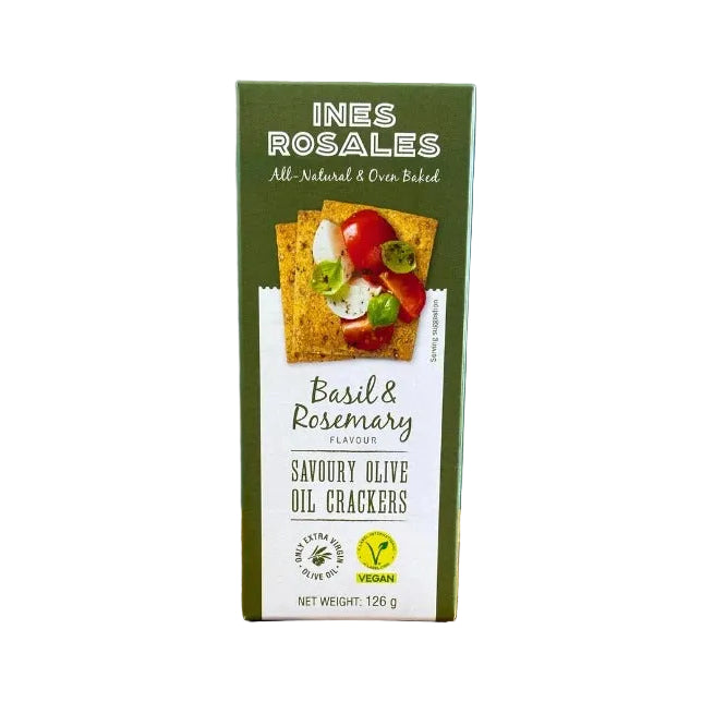 Close-up of Ines Rosales Basil & Rosemary Crackers on a white background