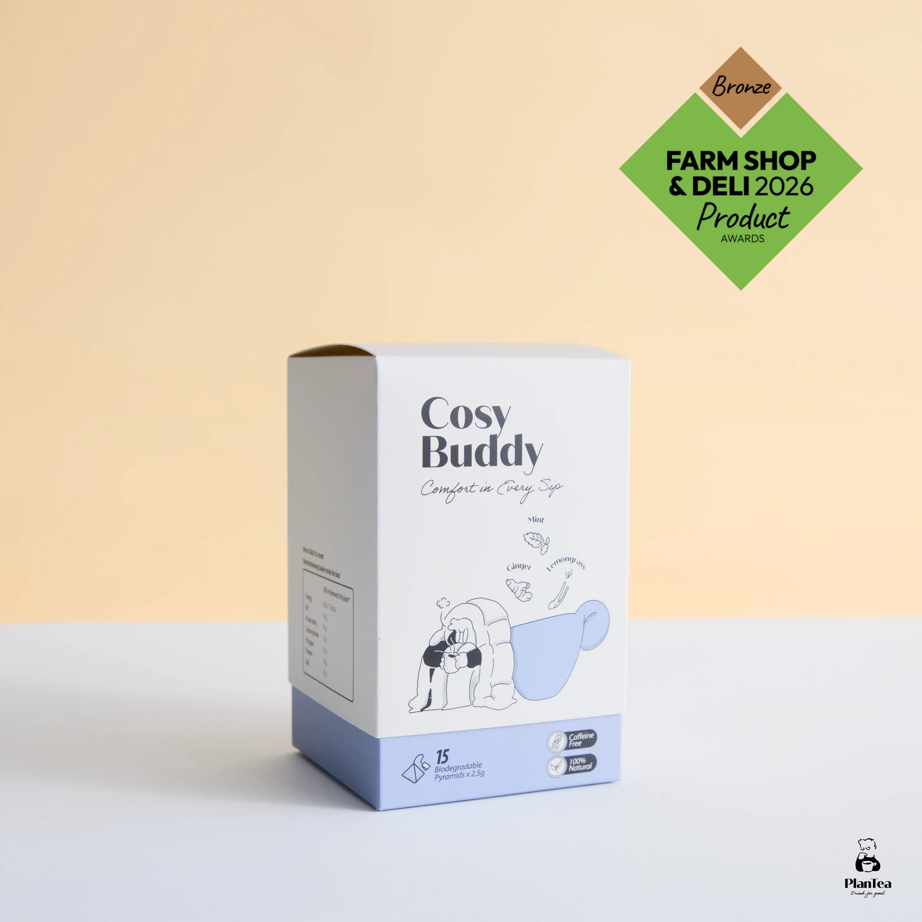 Cosy Buddy product packaging with a beige background and 'Farm Shop & Deli 2026 Product Awards' badge.