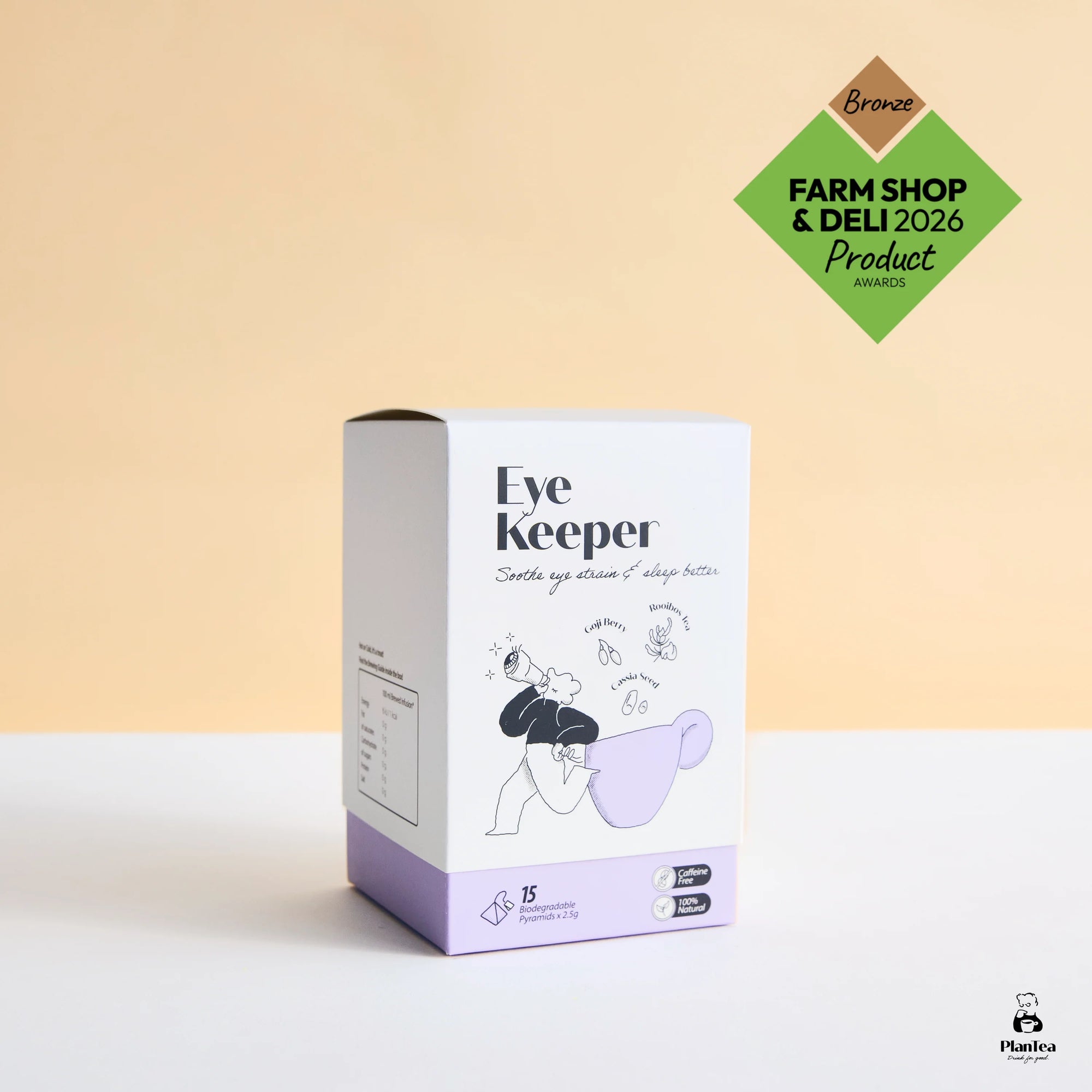 Eye Keeper packaging on a beige background with a 'Bronze' award badge.