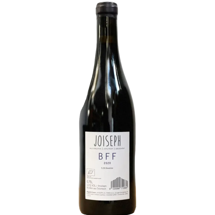 A dark glass bottle of Joseph BFF 2020 wine with a white label against a plain white background.