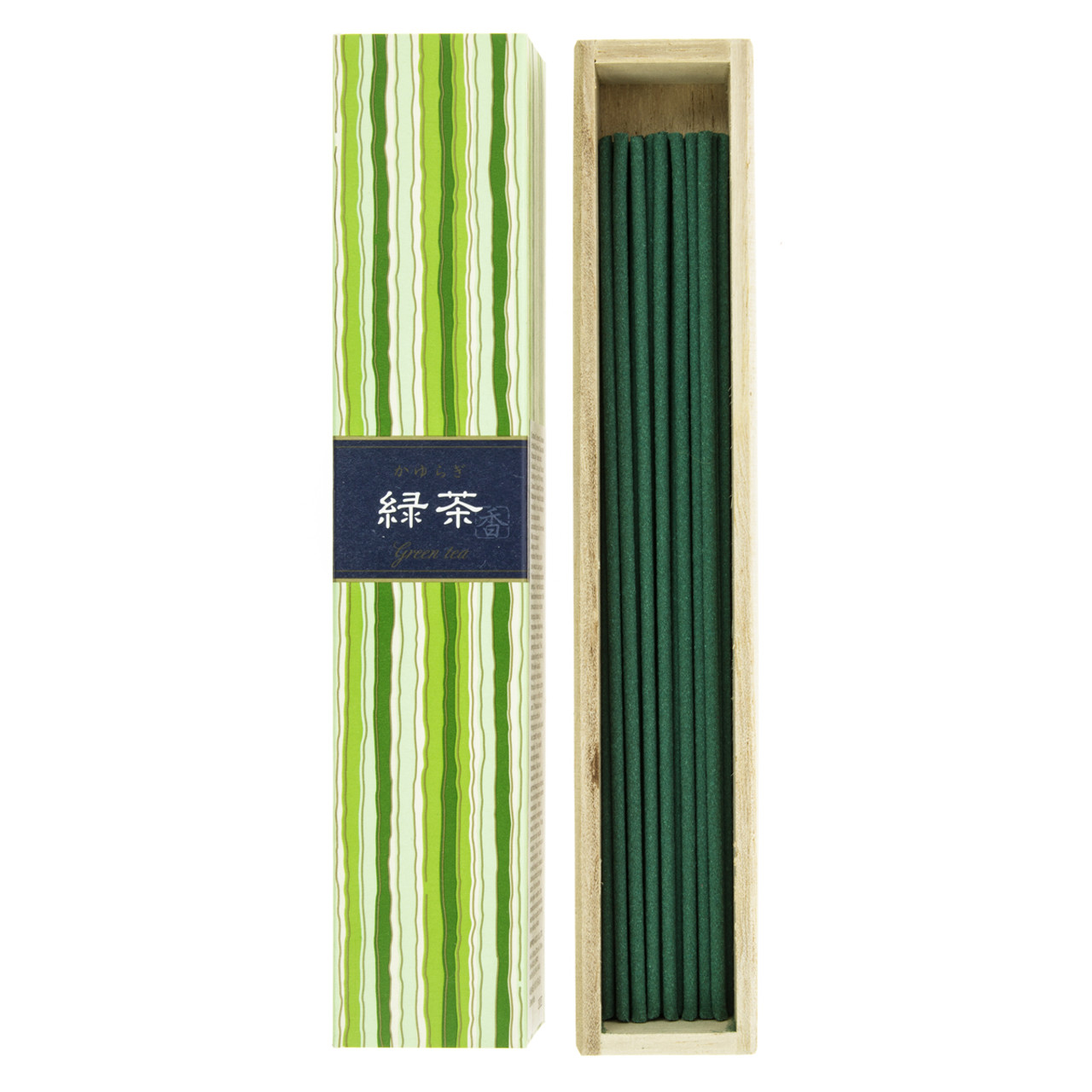 Green incense sticks in a wooden box with a striped green and white packaging.