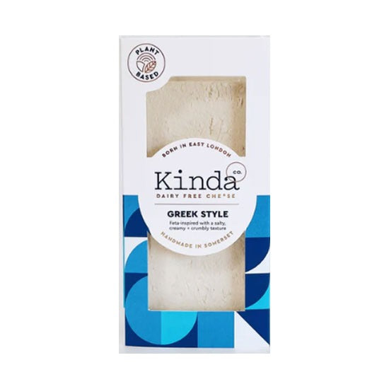 Close-up of Kinda dairy free ch*ese Greek Style on a white background 