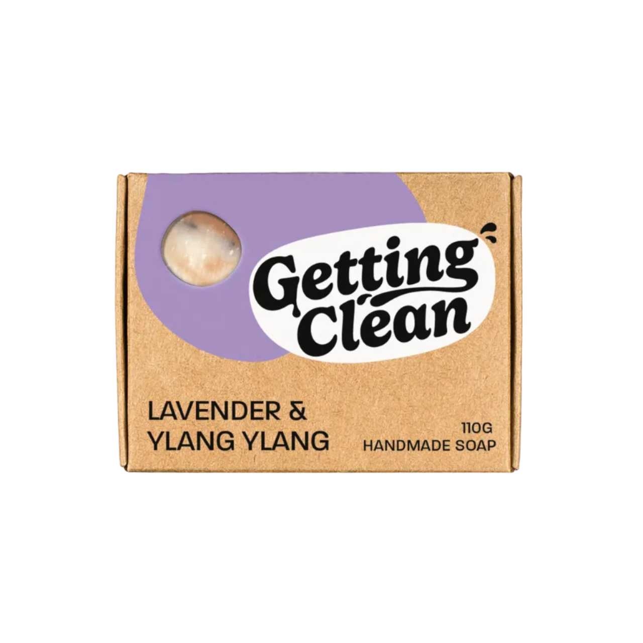 Handmade soap packaging with 'Getting Clean' branding on a beige background