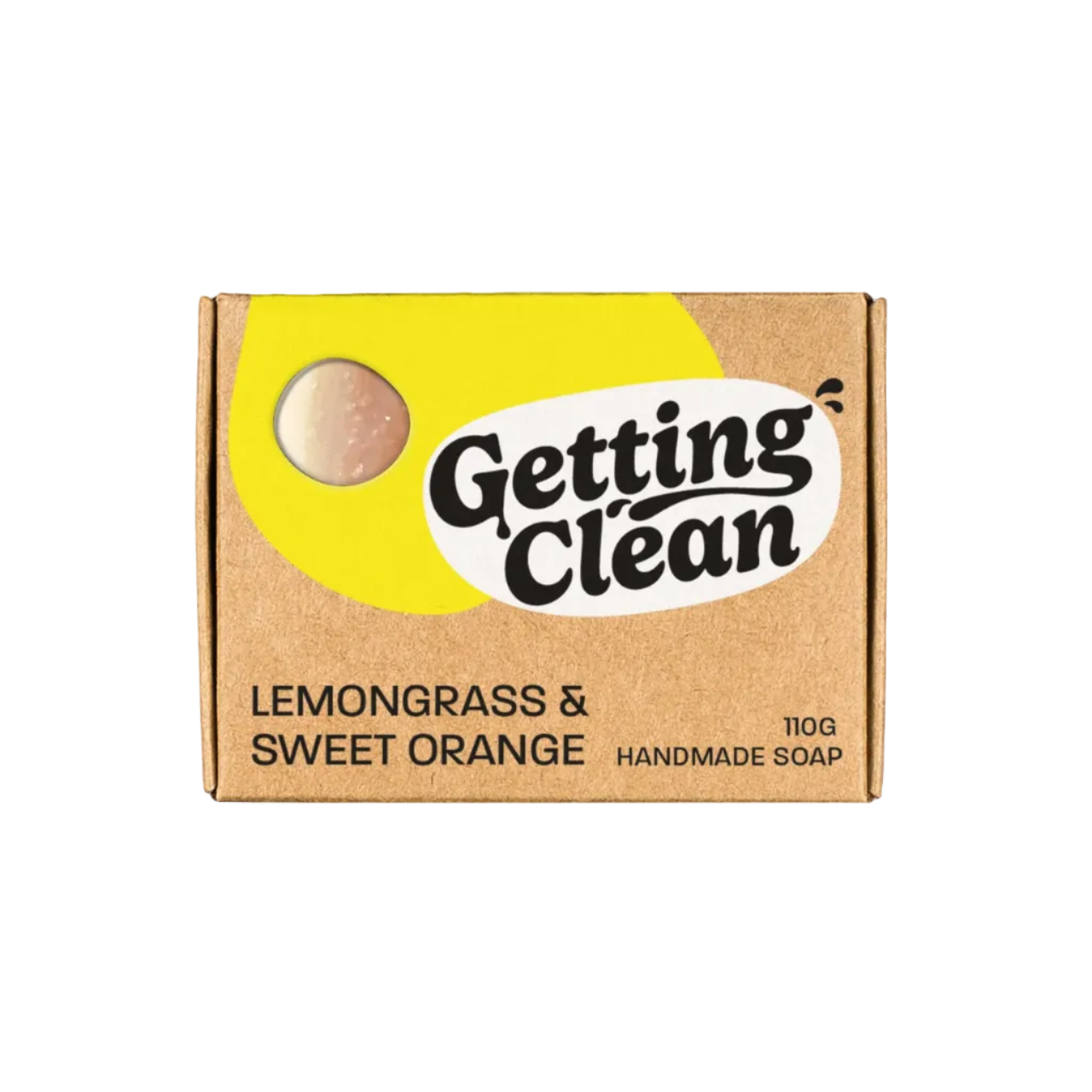 Handmade soap bar with 'Getting Clean' branding on a beige background