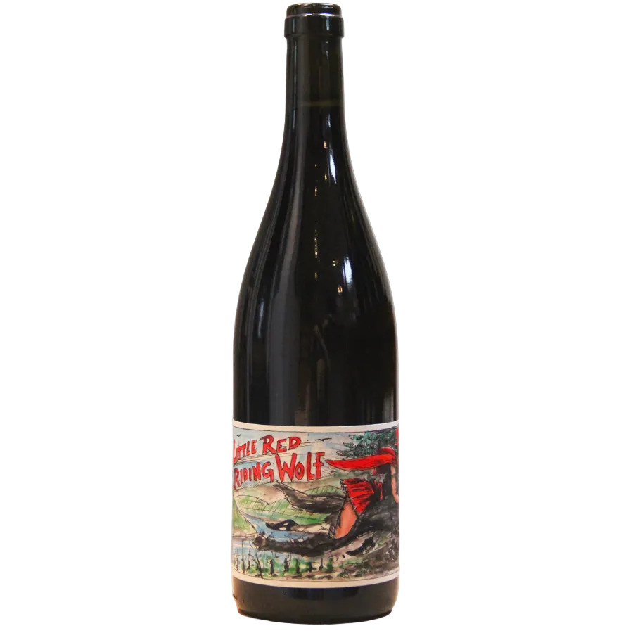 Wine bottle with a colorful label on a light gray background