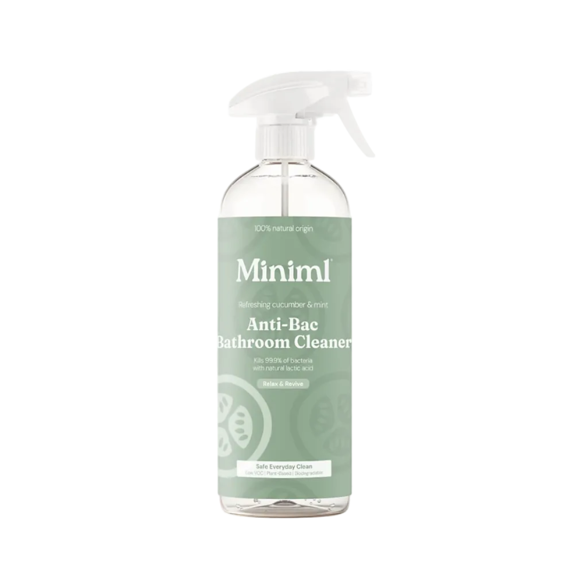 A clear plastic spray bottle of Minimi Anti-Bac Bathroom Cleaner with a white trigger sprayer and a light green label, shown on a solid white background.