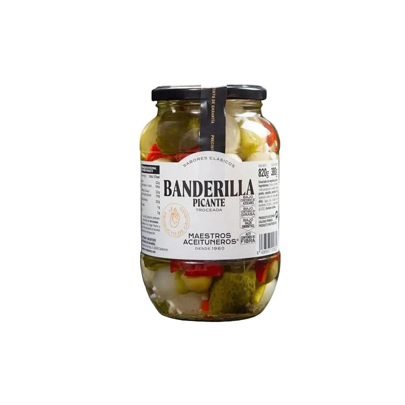 Close-up of Banderillas Picante assorted pickles on a white background 