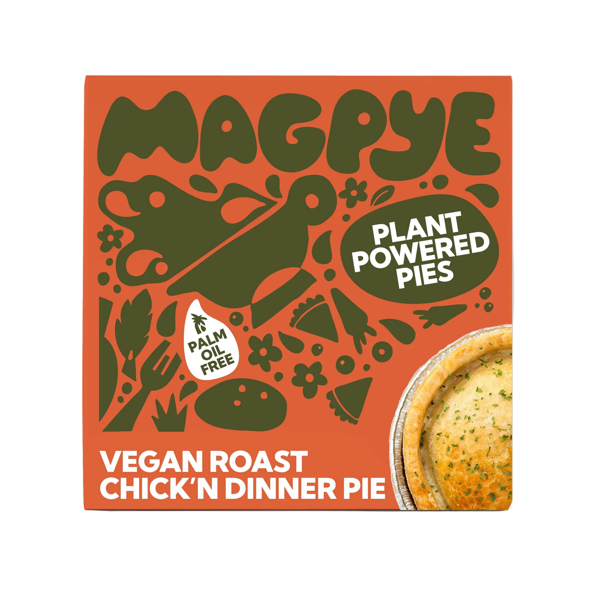 Packaging of Magpye Vegan Roast Chick'n Dinner Pie with plant-based design elements.