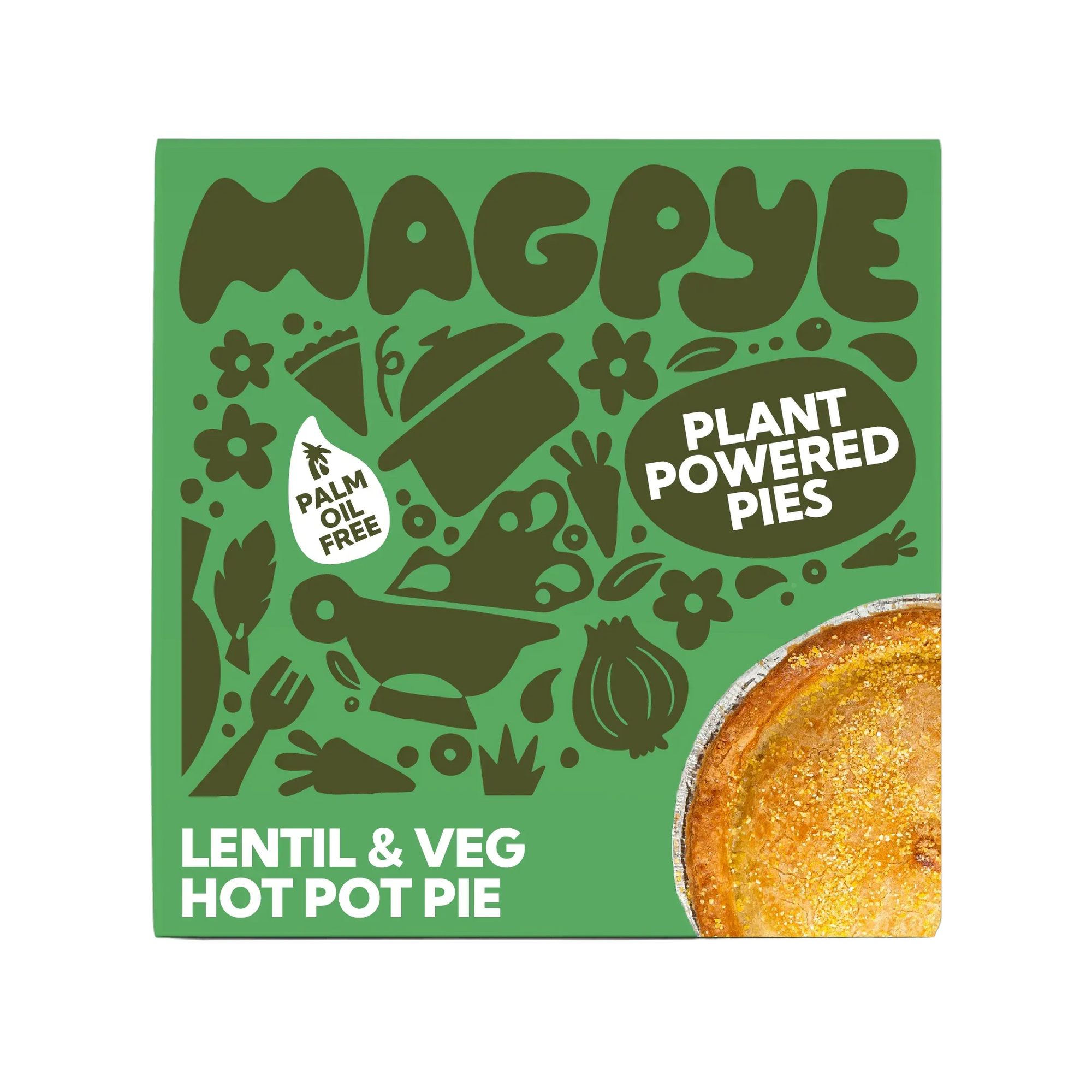 Green packaging of Magpye Plant Powered Pies with a hot pot pie illustration on a gray background
