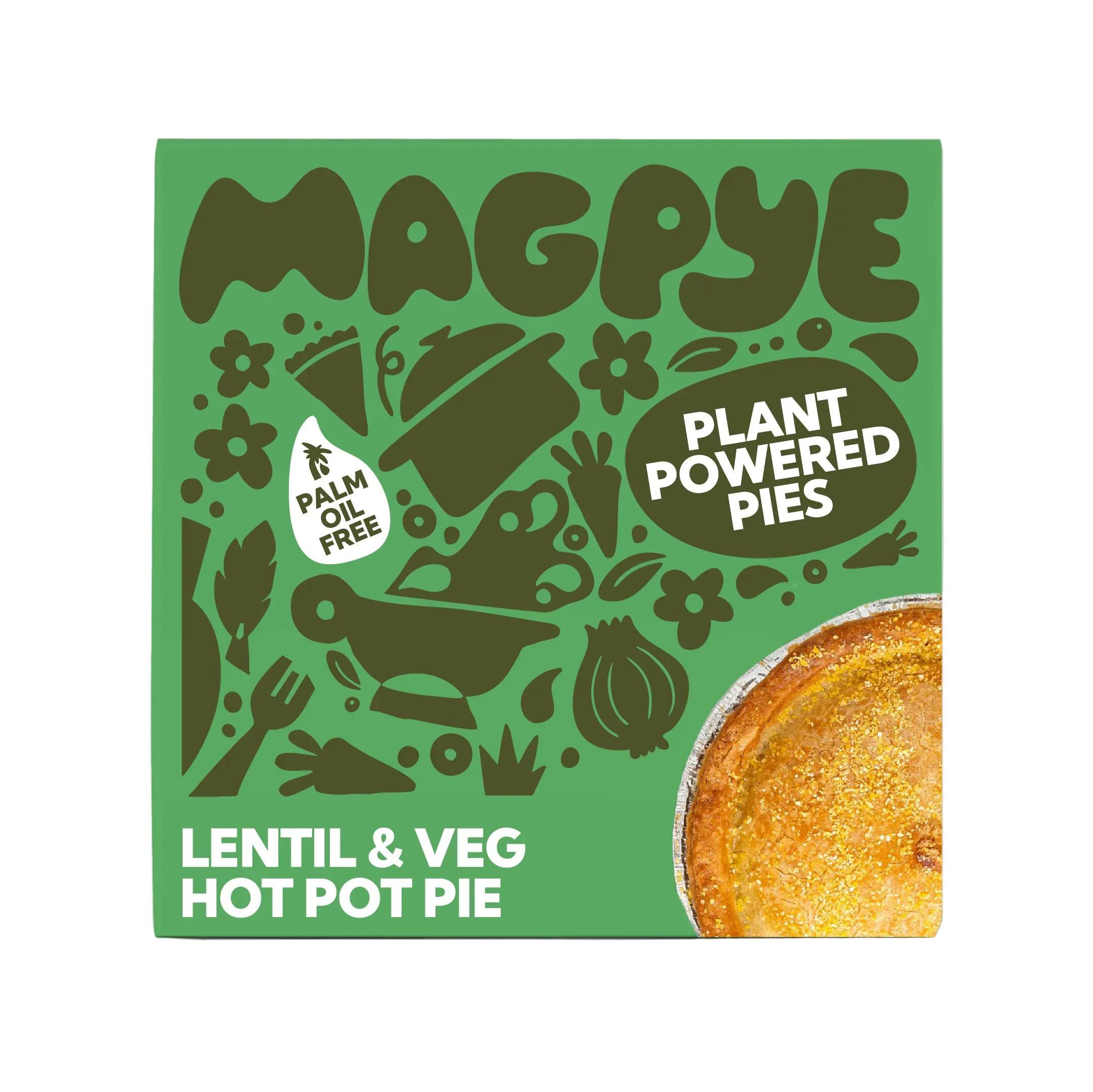 Green packaging of Magpye Plant Powered Pies with a hot pot pie illustration on a gray background