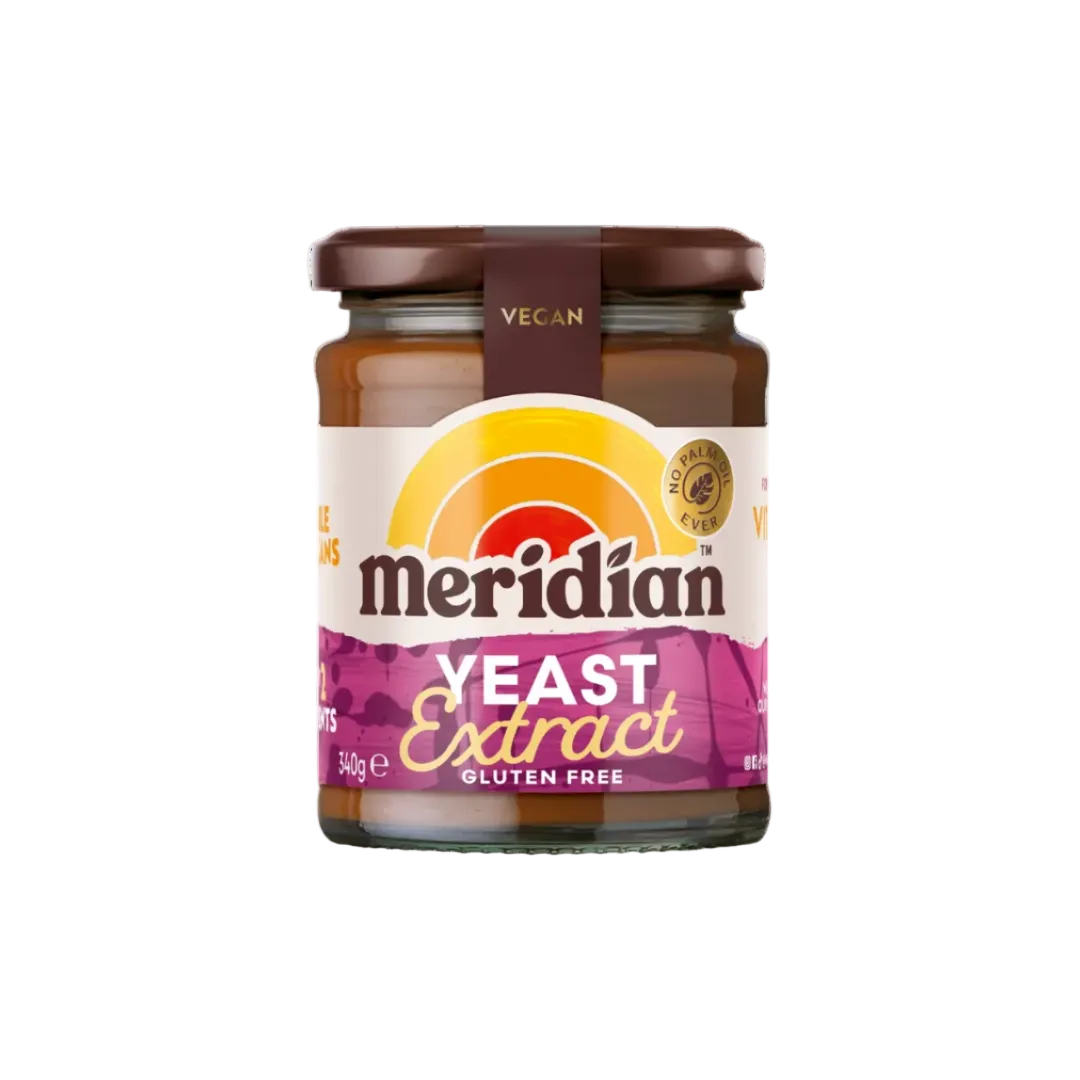 A glass jar of Meridian Vegan Yeast Extract, gluten free, with a dark brown lid and a colorful label featuring yellow, orange, red, and purple colors.