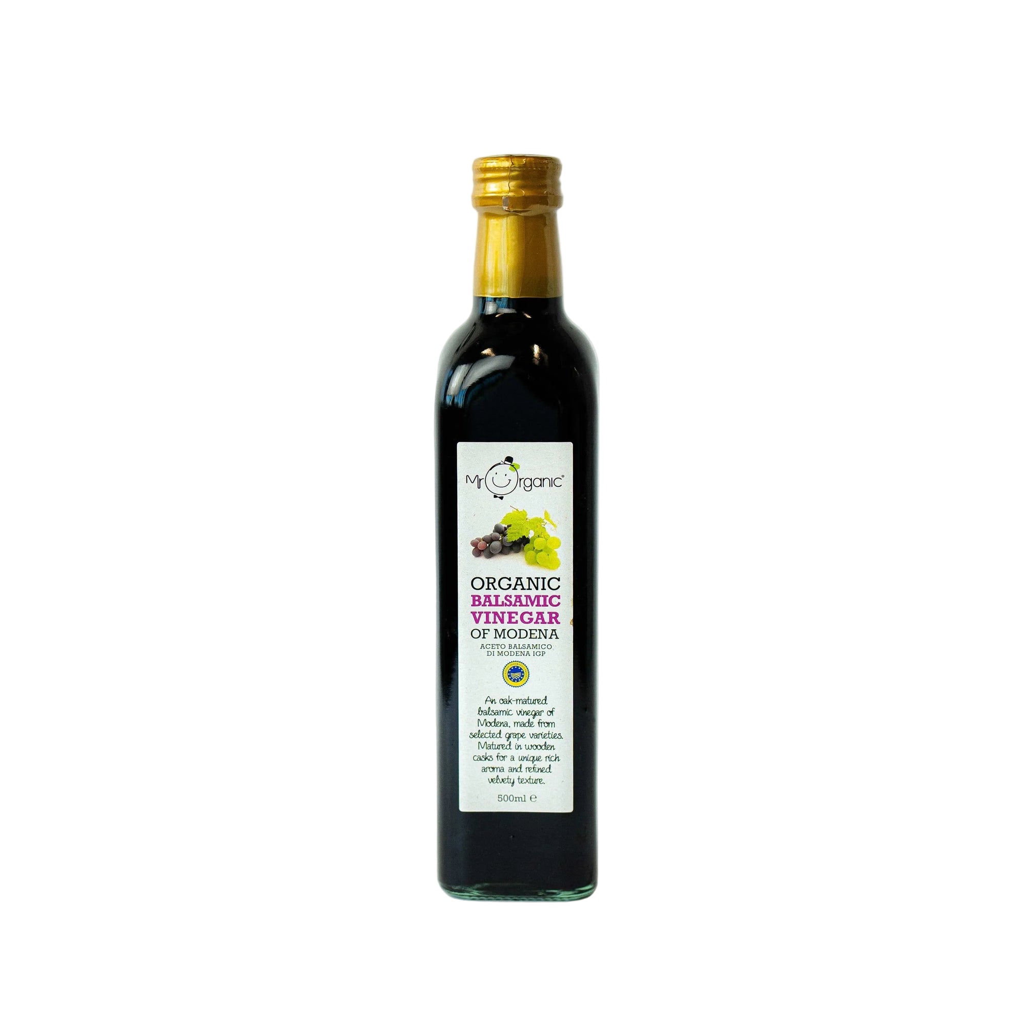Close-up of Mr Organic Balasamic Vinegar of Modena on a white background 