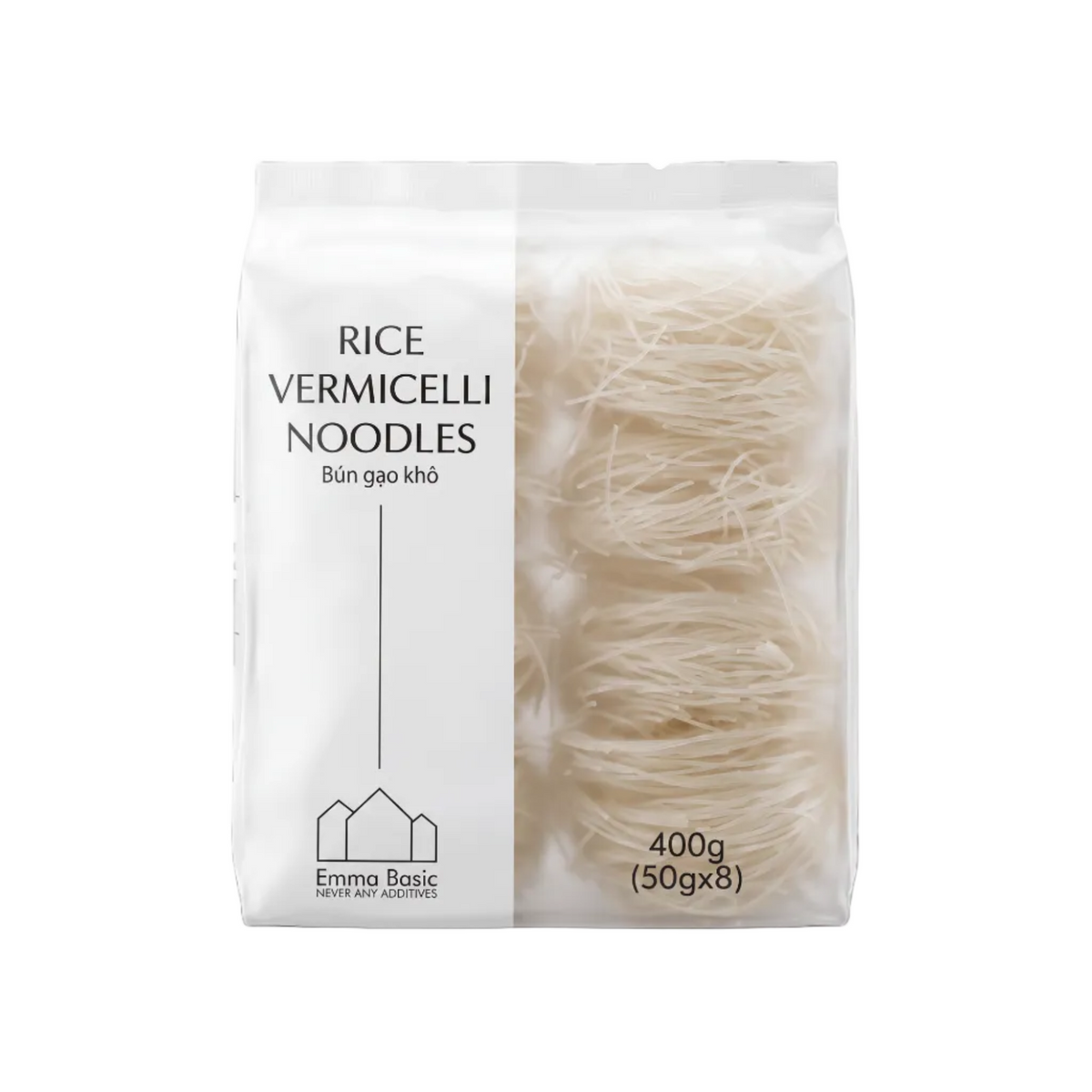 A 400g bag of Emma Basic Rice Vermicelli Noodles, featuring a white package with a clear right side showing the translucent beige noodles inside.