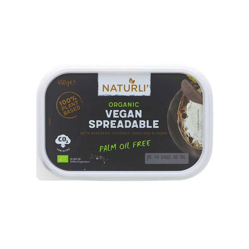 Naturli organic vegan spreadable product packaging on a white background