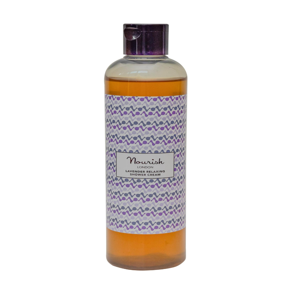 Bottle of Nourish lavender and orange shower cream on a white background