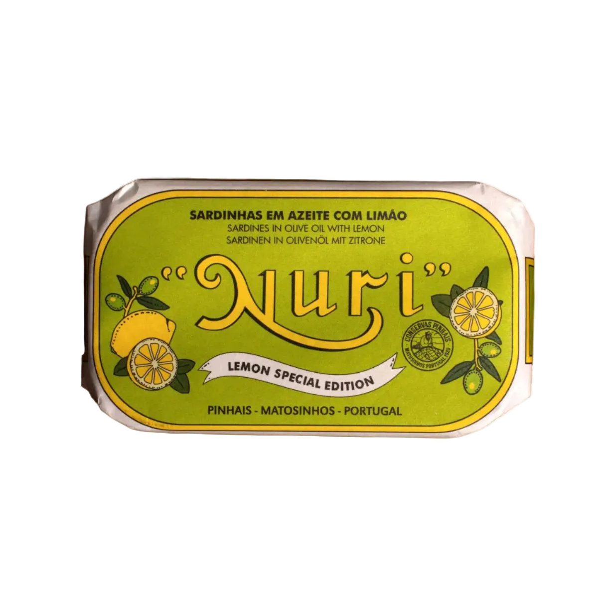 A package of Nuri Lemon Special Edition sardines in olive oil, featuring a bright yellow-green label with lemon illustrations, placed on white background