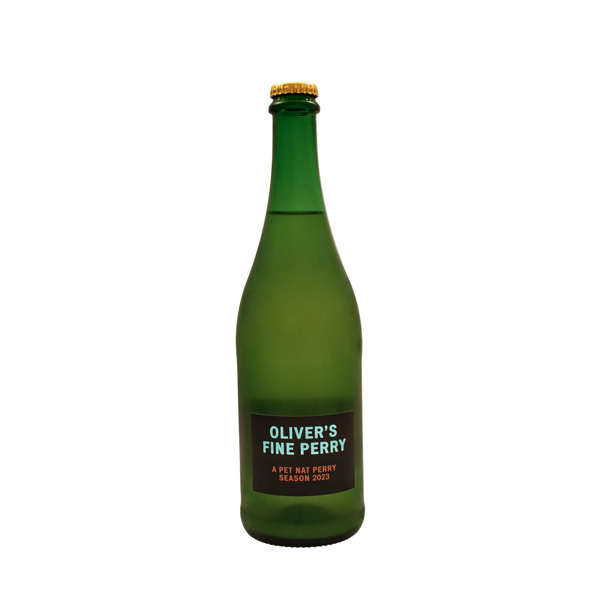 Green bottle labeled 'Oliver's Fine Perry' on a white background