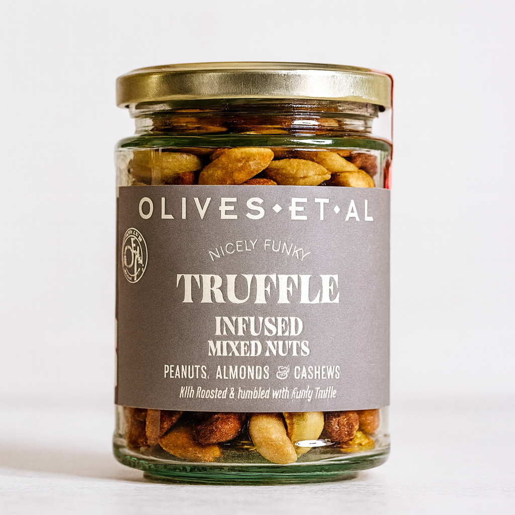 A jar of truffle infused nuts by Olives Et Al