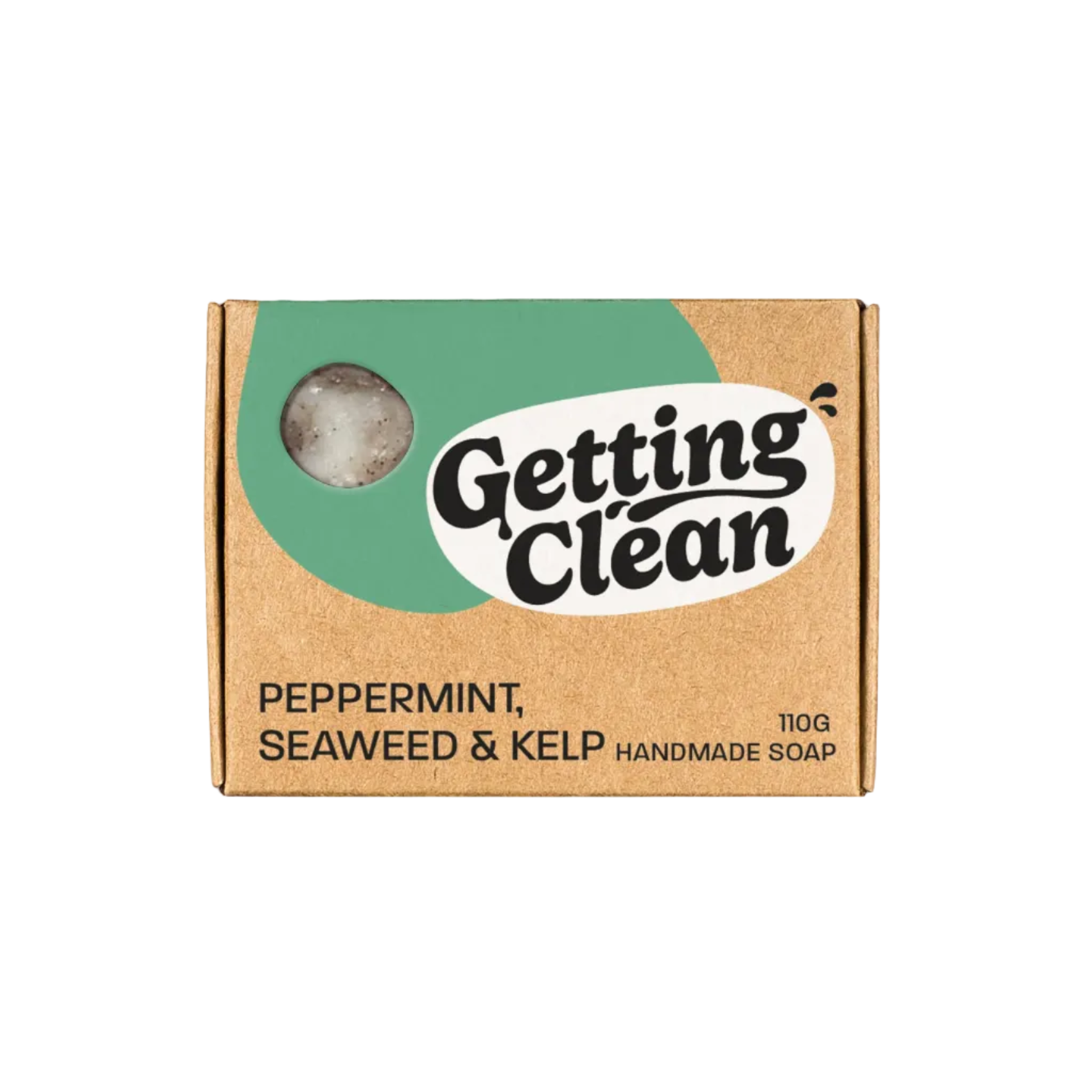 A rectangular kraft paper soap box labeled 'Getting Clean' with a green and white logo, showing a small clear window with a round bar of handmade soap inside. The box reads 'Peppermint, Seaweed & Kelp Handmade Soap' and is photographed on a light cream background.