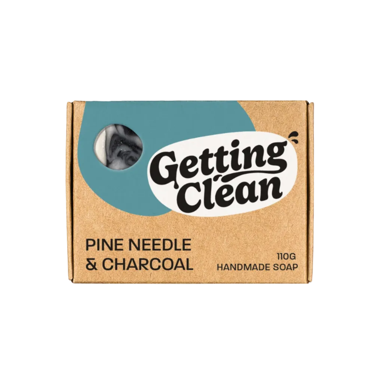 Box of 'Getting Clean' handmade soap with pine needle and charcoal scent on a beige background