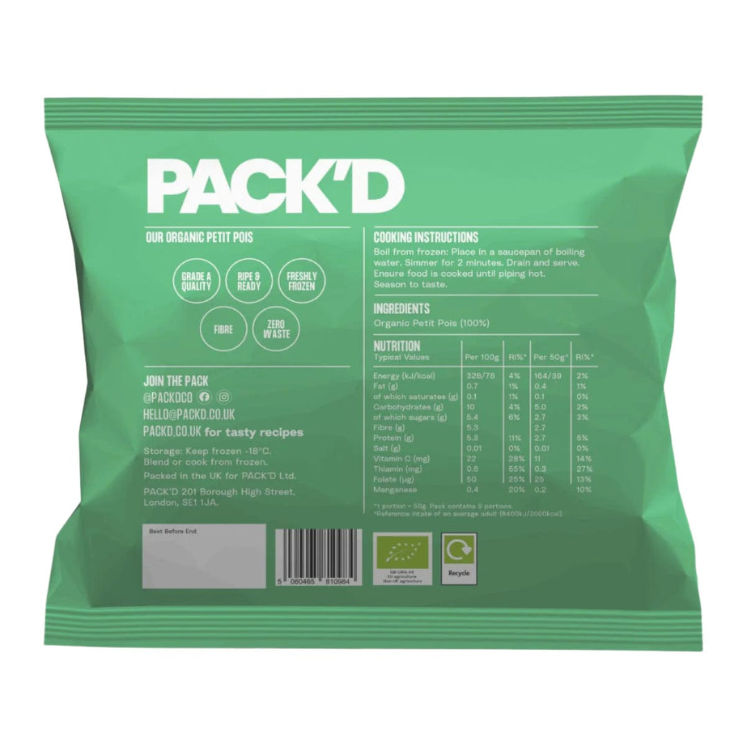 Green packaging with 'Pack'd' branding and text on a white background