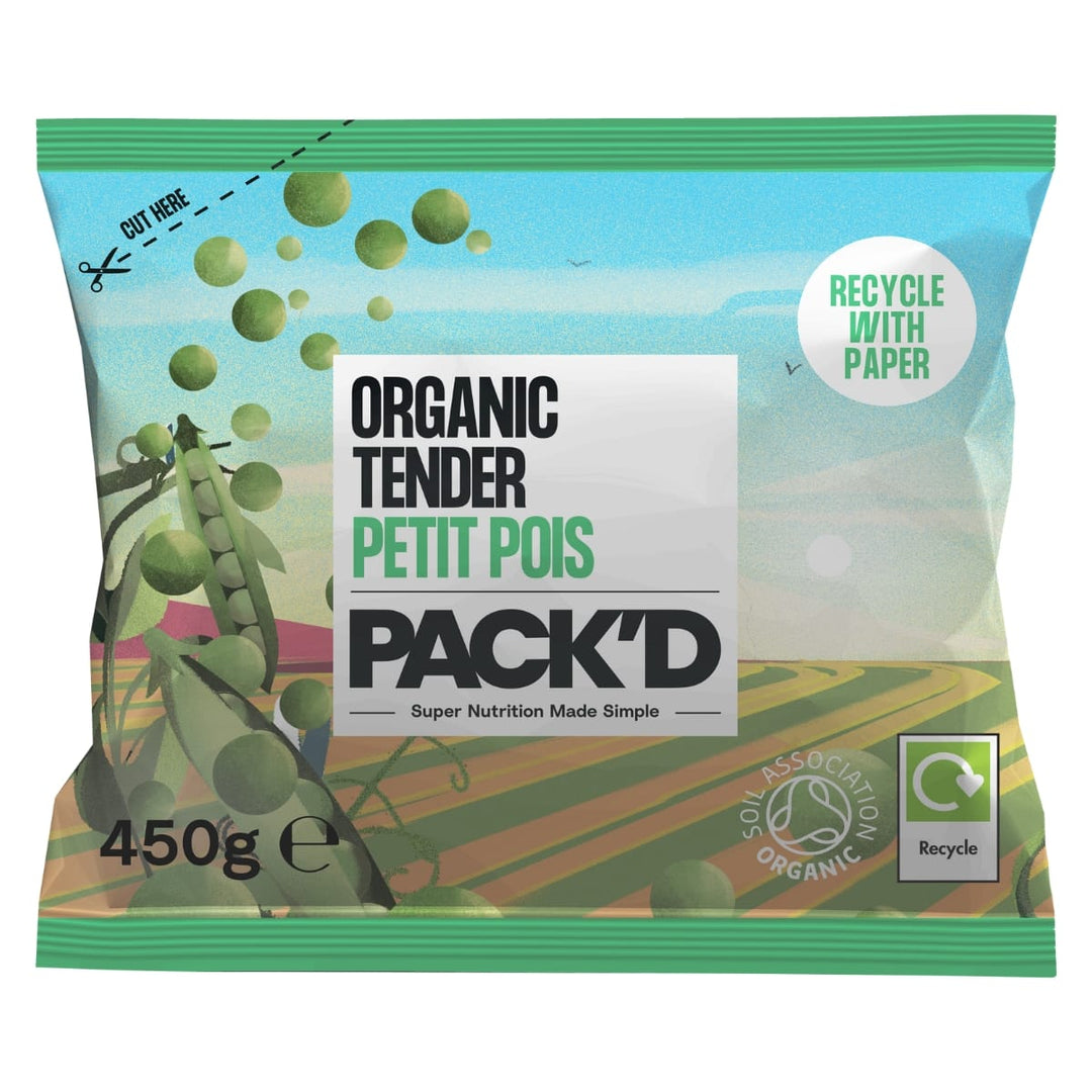 Pack'd Organic Tender Petit Pois packaging with green peas illustration and branding details.