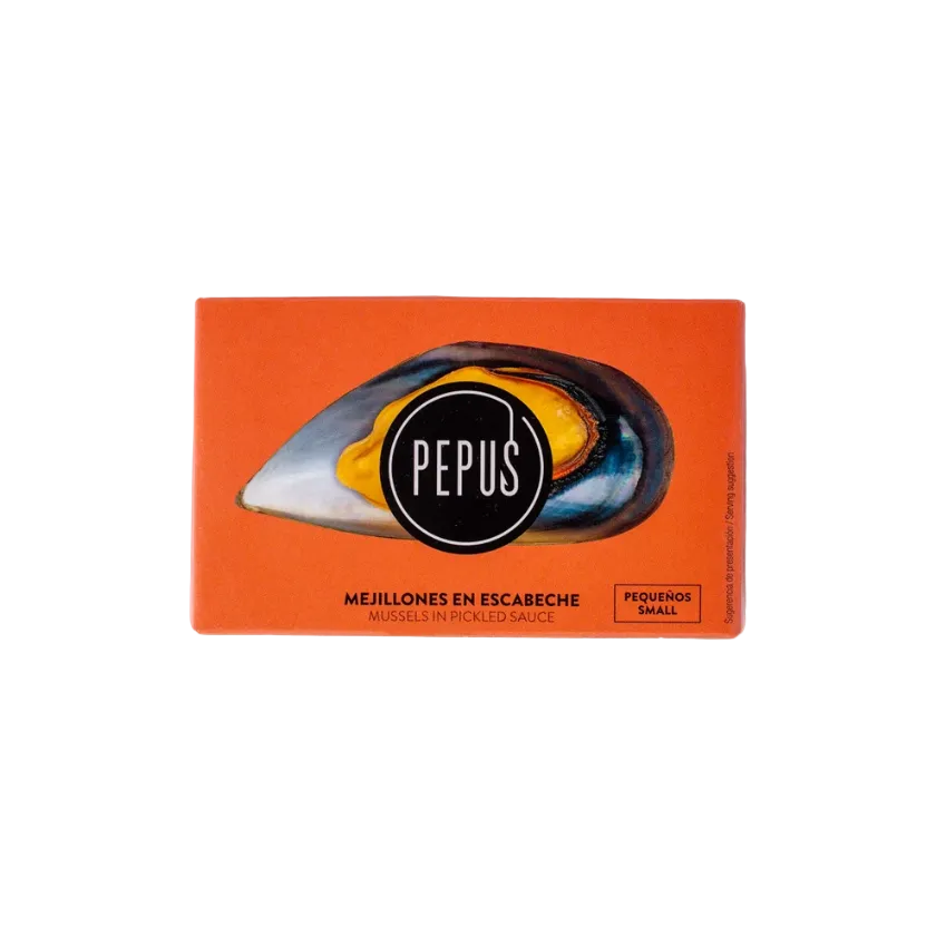 Pepus mussels in pickled sauce packaging on a white background