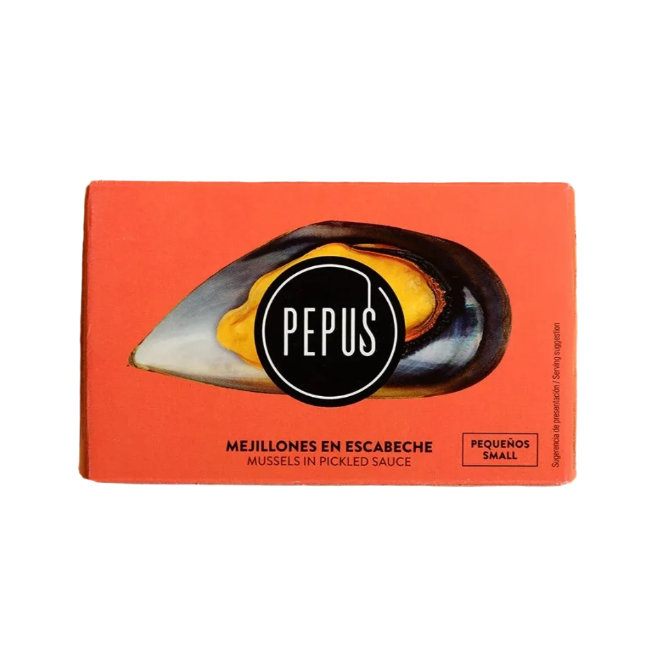 A rectangular red-orange food box labeled 'PEPUS' with a large mussels-in-sauce illustration on the front.