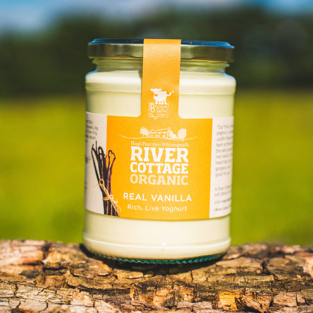 Jar of River Cottage Organic Real Vanilla yogurt on a wooden surface with a blurred green background