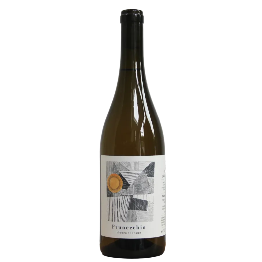 A dark green glass wine bottle with a black screw cap and a white label featuring a geometric black and gray design with a gold circle. On a white background 