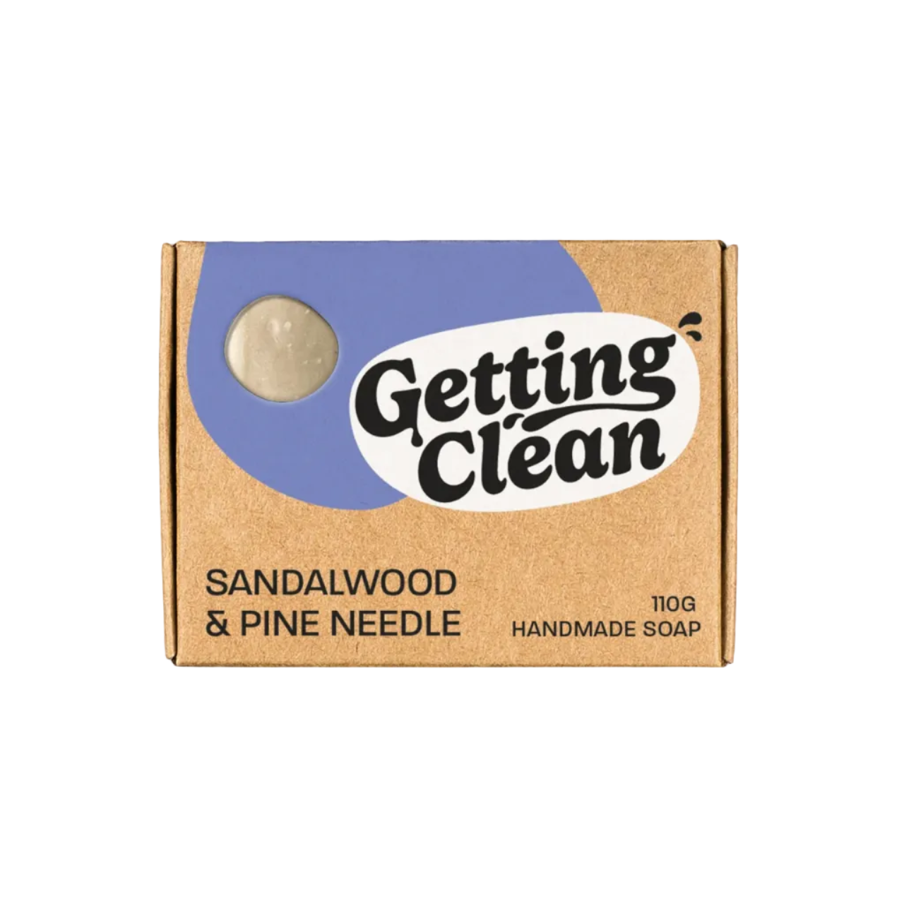 A cardboard box of Getting Clean Sandalwood & Pine Needle Handmade Soap, featuring a blue and white graphic design with a clear window showing a round bar of soap inside, set against a solid cream background.