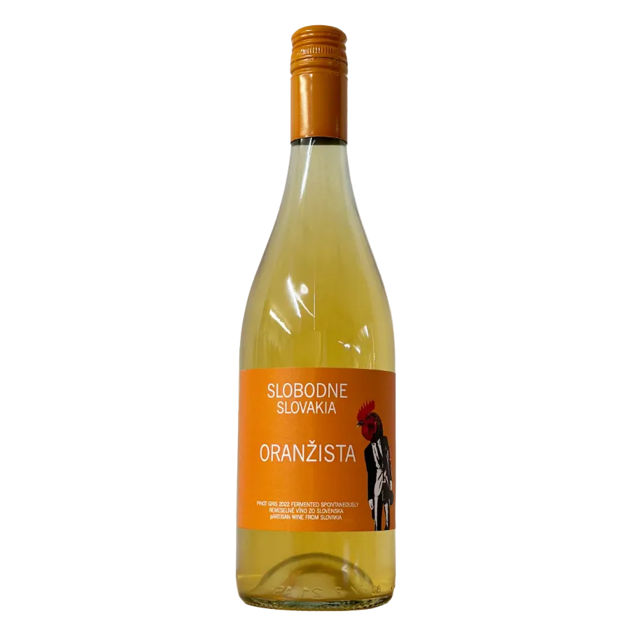 Bottle of Oranzista wine from Slovakia on a light background