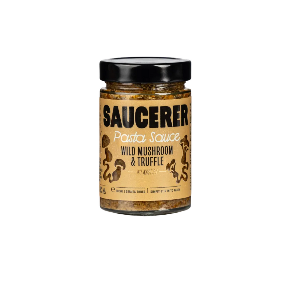 A jar of Saucerer Pasta Sauce, Wild Mushroom & Truffle flavor, featuring a black lid and a tan label with brown mushroom illustrations, set against a clean white background with a soft reflection.
