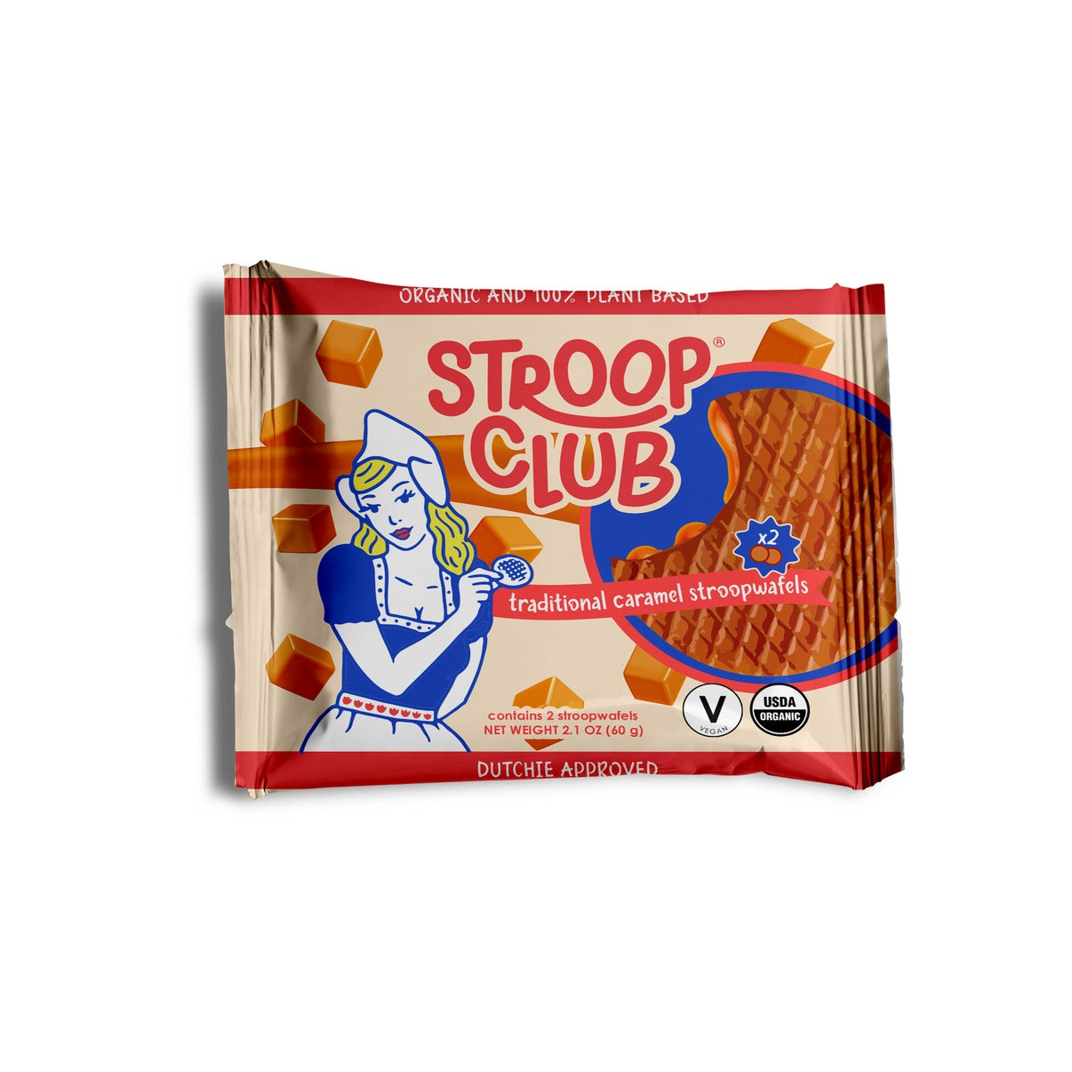 Traditional caramel stroop waffle packet on a white background