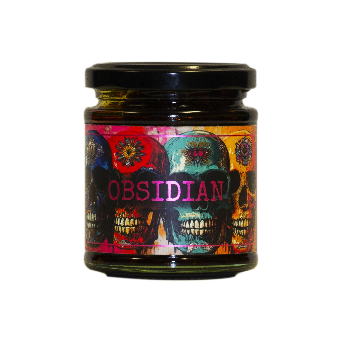 Jar of 'Obsidian' with colorful skull design on a white background
