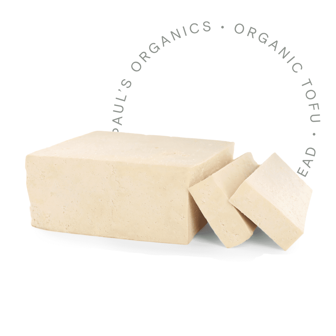 Three rectangular blocks of beige organic tofu arranged on a white background, with a faint circular brand watermark reading 'PAUL'S ORGANICS • ORGANIC TOFU' behind them.