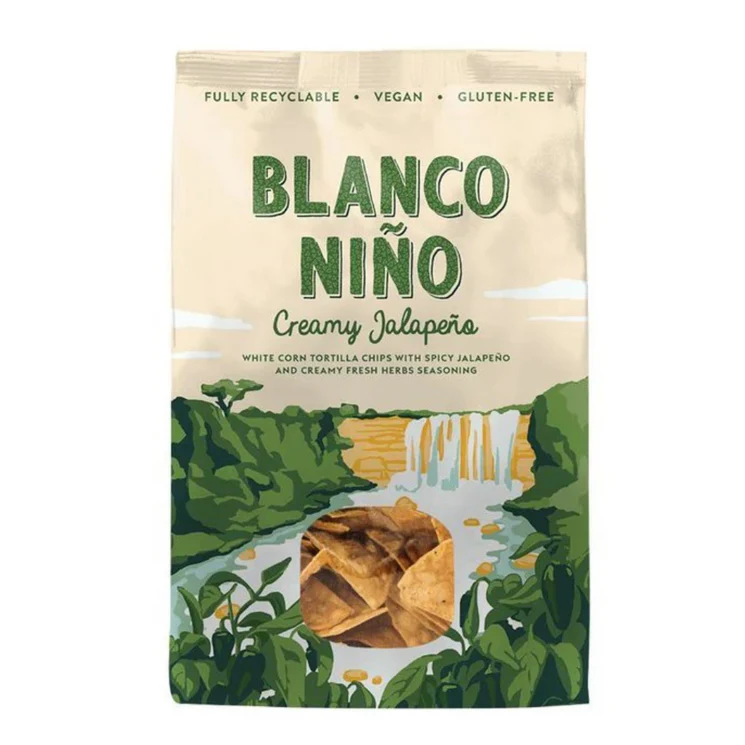 Blanco Nino tortilla chips packaging with nature-themed design