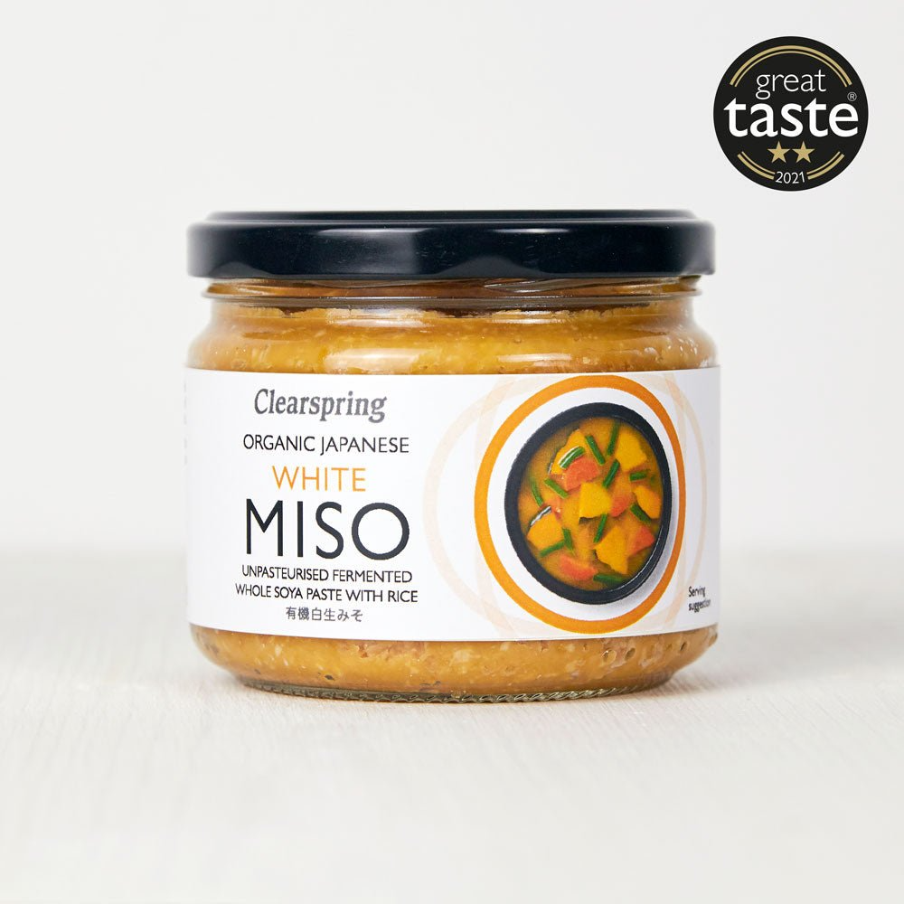 Clearspring Organic Japanese White Miso jar with a 'Great Taste' award badge on a white background