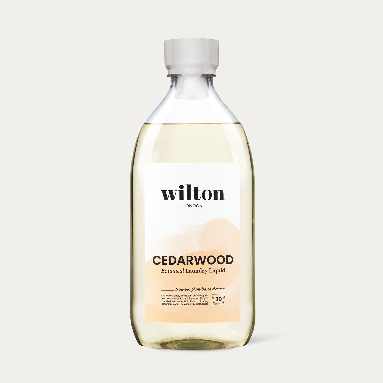 Bottle of Wilton Cedarwood laundry liquid on a white background